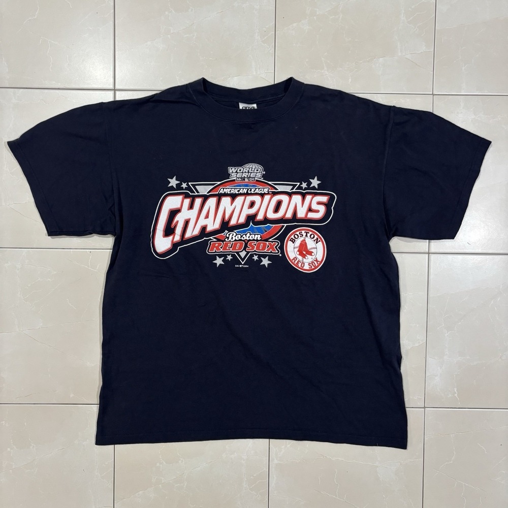 VINTAGE Boston Red Sox Shirt Men L Blue 2004 World Series AL Champions Baseball